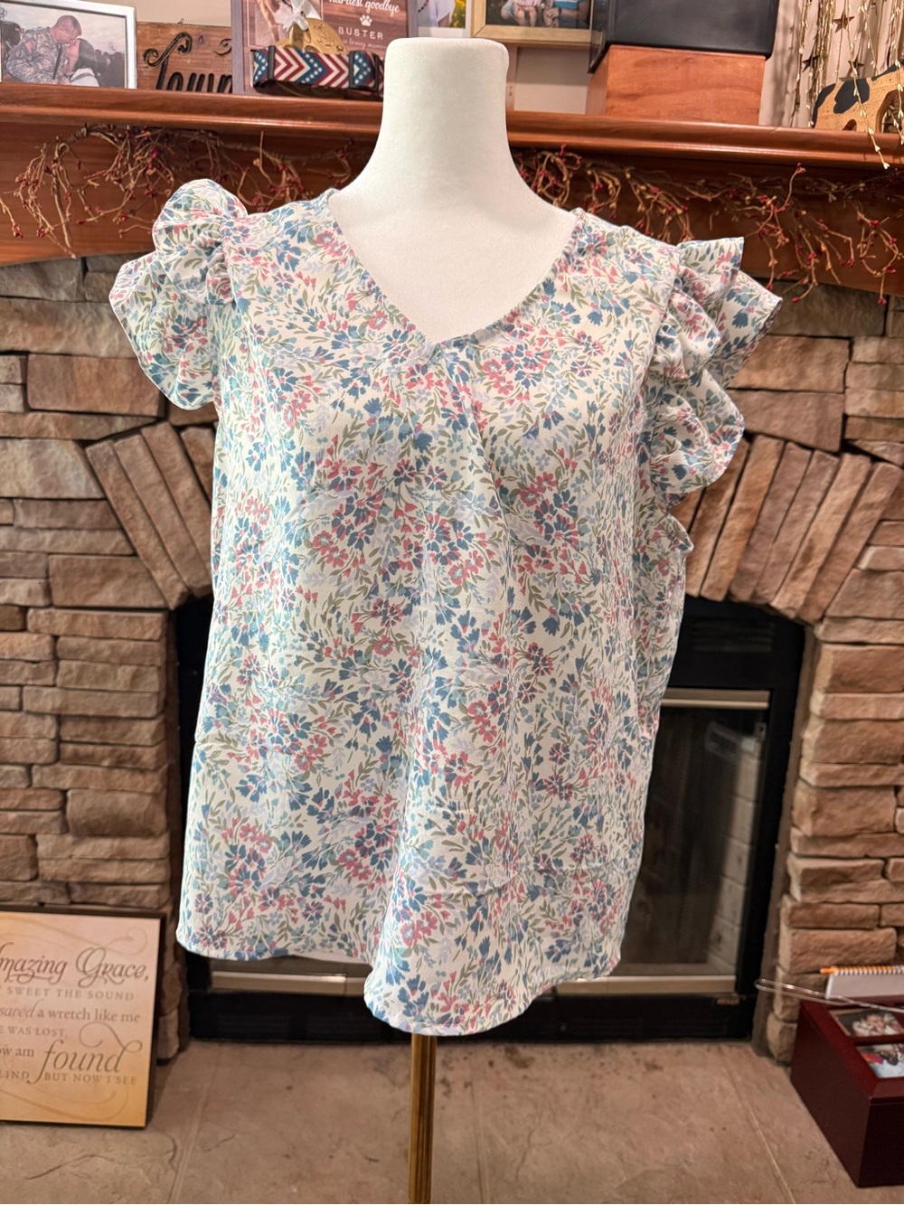 Liberty Love White Floral V-Neck Top with Pink & Blue
